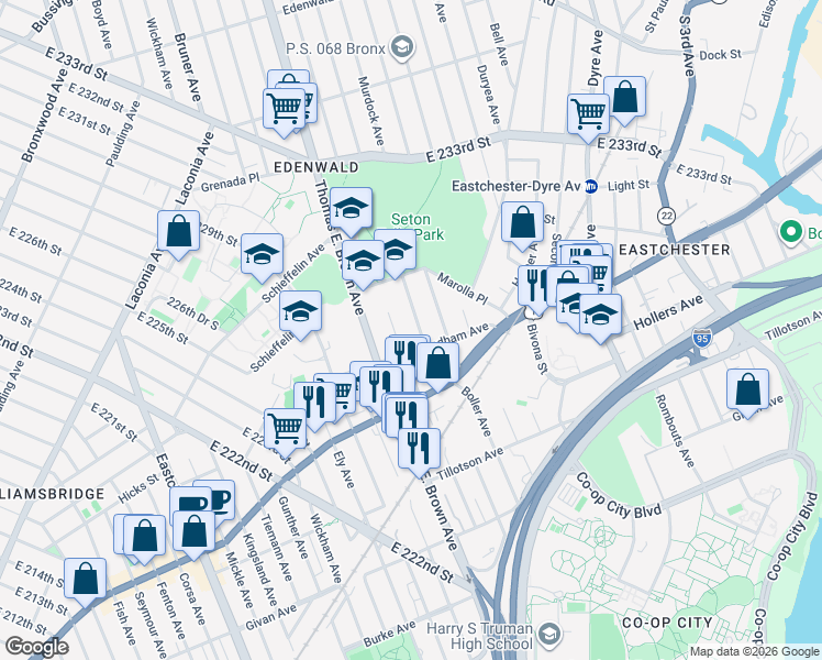 map of restaurants, bars, coffee shops, grocery stores, and more near 3625 Boller Avenue in Bronx