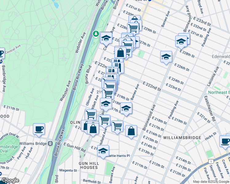 map of restaurants, bars, coffee shops, grocery stores, and more near 726 East 220th Street in Bronx