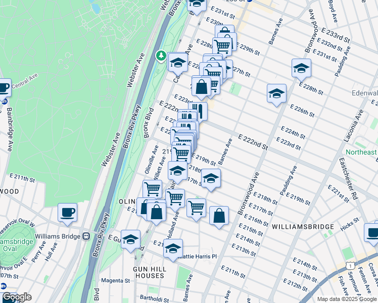 map of restaurants, bars, coffee shops, grocery stores, and more near 3813 White Plains Road in Bronx