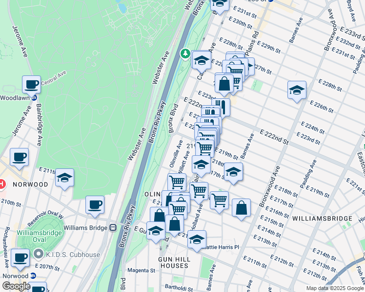 map of restaurants, bars, coffee shops, grocery stores, and more near 3779 Willett Avenue in Bronx