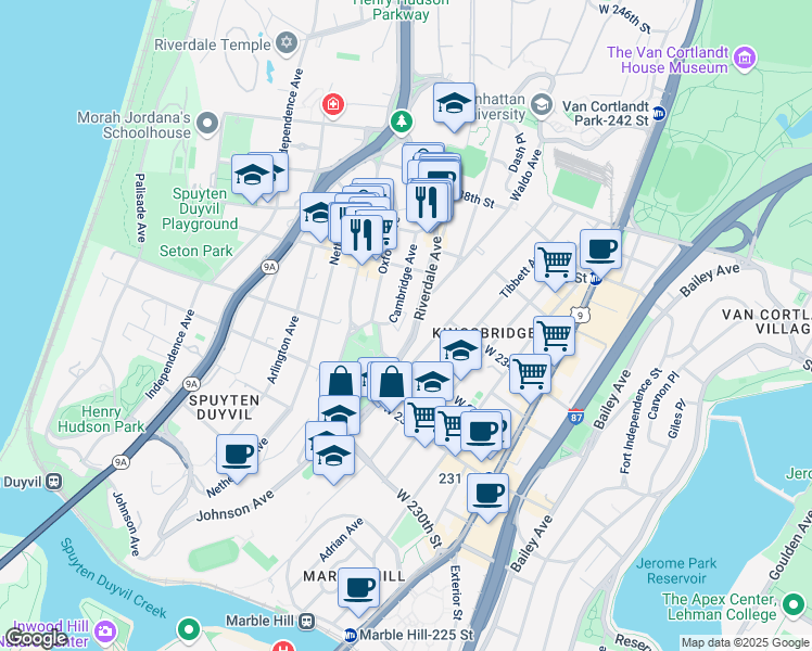 map of restaurants, bars, coffee shops, grocery stores, and more near 3251 Riverdale Avenue in Bronx