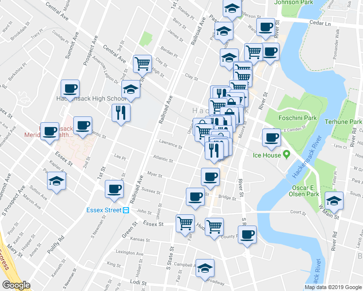 map of restaurants, bars, coffee shops, grocery stores, and more near 114 Lawrence Street in Hackensack