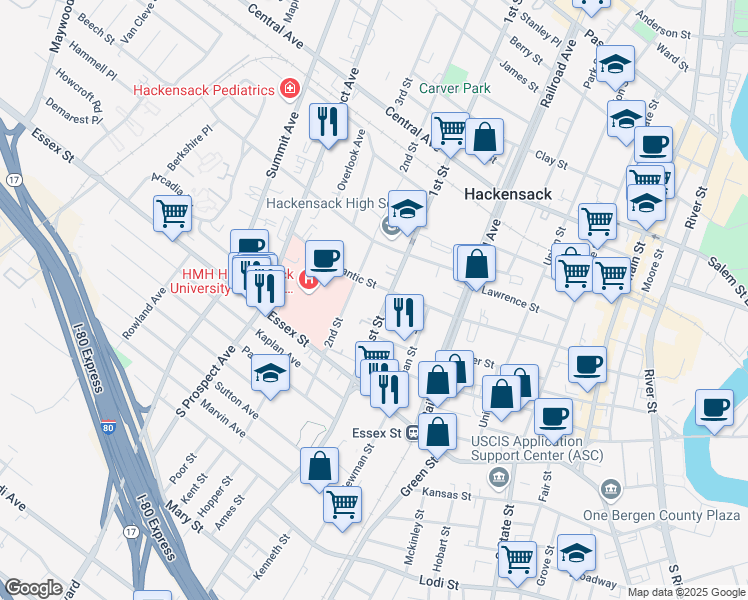 map of restaurants, bars, coffee shops, grocery stores, and more near 92 2nd Street in Hackensack