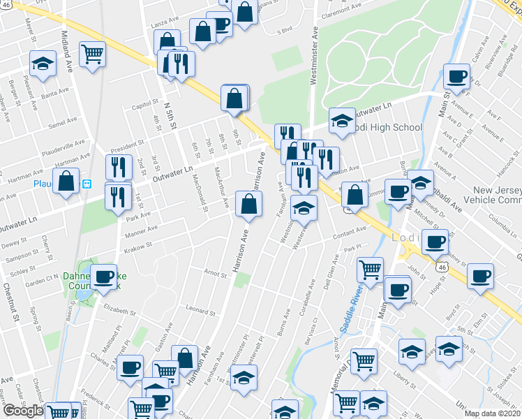 map of restaurants, bars, coffee shops, grocery stores, and more near 528 Harrison Avenue in Lodi