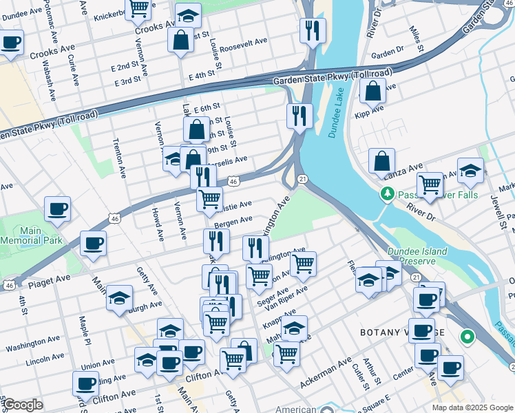 map of restaurants, bars, coffee shops, grocery stores, and more near 38 Christie Avenue in Clifton