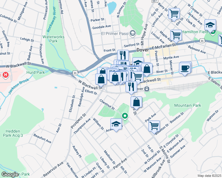 map of restaurants, bars, coffee shops, grocery stores, and more near 41 West Blackwell Street in Dover