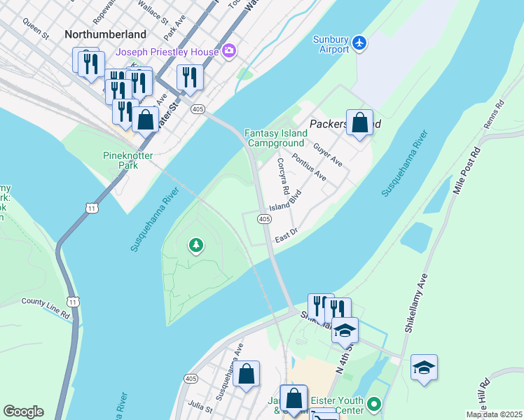 map of restaurants, bars, coffee shops, grocery stores, and more near Bridge Avenue in Northumberland County