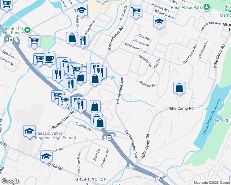 map of restaurants, bars, coffee shops, grocery stores, and more near 2 Mill Pond Road in Woodland Park