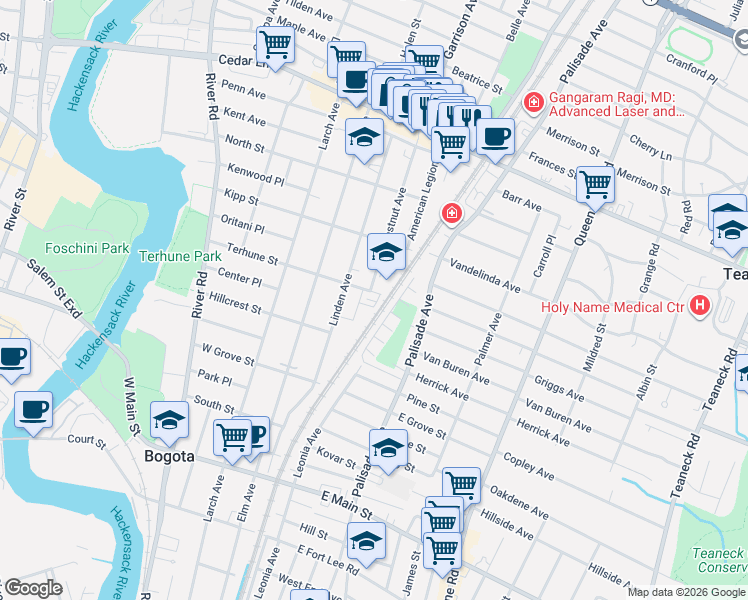 map of restaurants, bars, coffee shops, grocery stores, and more near 408 Terhune Street in Teaneck