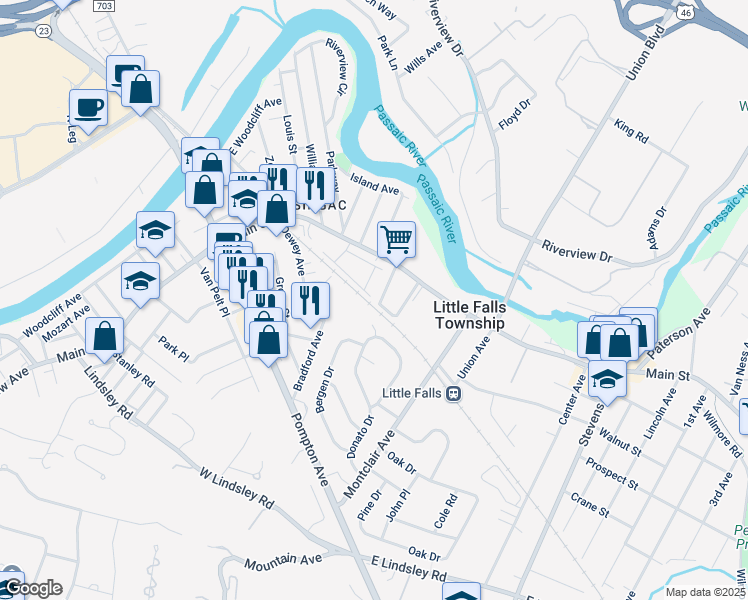 map of restaurants, bars, coffee shops, grocery stores, and more near 24 Woodside Avenue in Little Falls