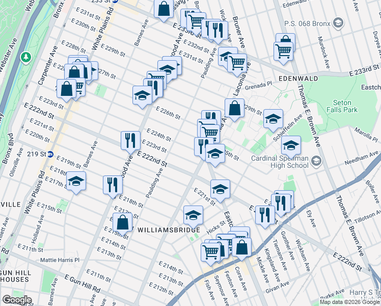 map of restaurants, bars, coffee shops, grocery stores, and more near 1037 East 224th Street in Bronx