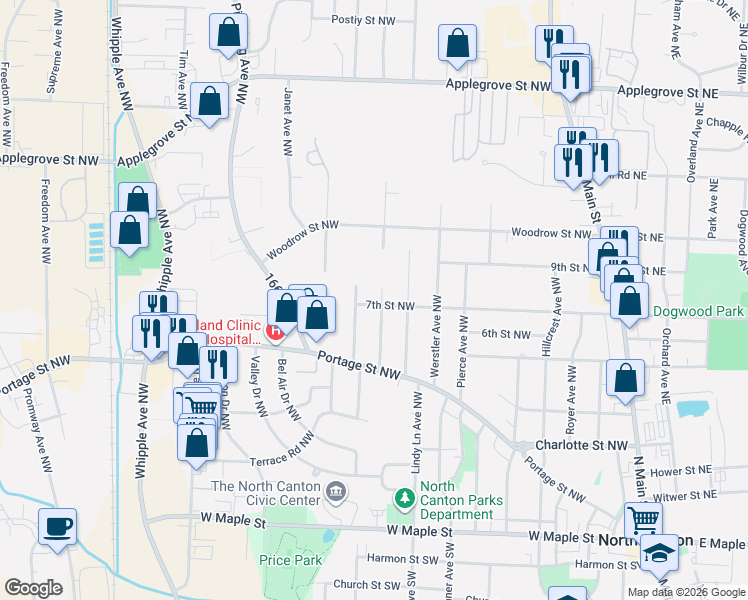 map of restaurants, bars, coffee shops, grocery stores, and more near 715 Browning Avenue Northwest in North Canton