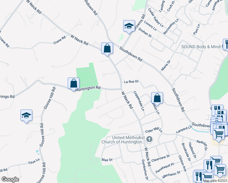 map of restaurants, bars, coffee shops, grocery stores, and more near 10 Huntington Road in Huntington