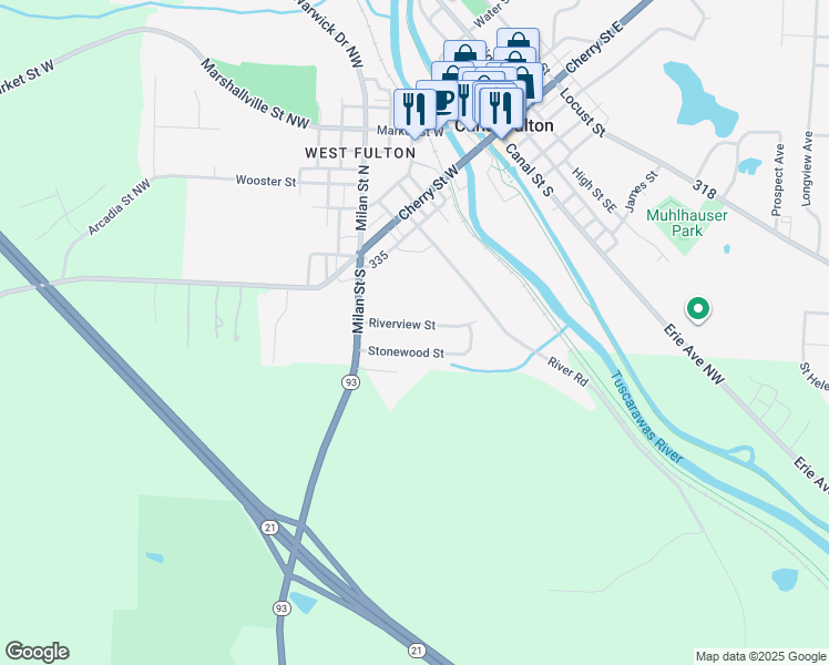 map of restaurants, bars, coffee shops, grocery stores, and more near 456 Riverview Street in Canal Fulton