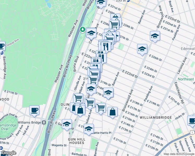 map of restaurants, bars, coffee shops, grocery stores, and more near 3813 White Plains Road in Bronx
