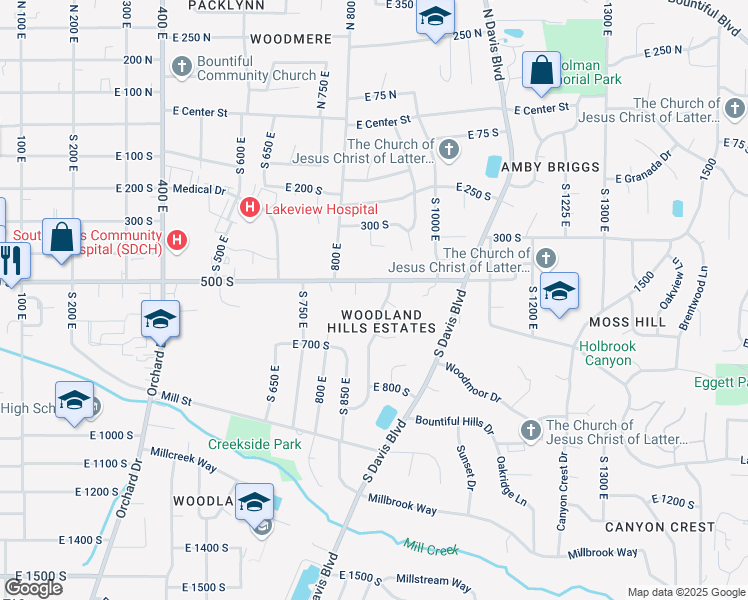 map of restaurants, bars, coffee shops, grocery stores, and more near 555 Cedar Circle in Bountiful