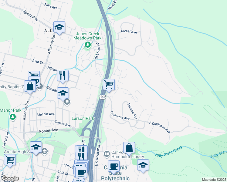 map of restaurants, bars, coffee shops, grocery stores, and more near 651 Hidden Creek Road in Arcata