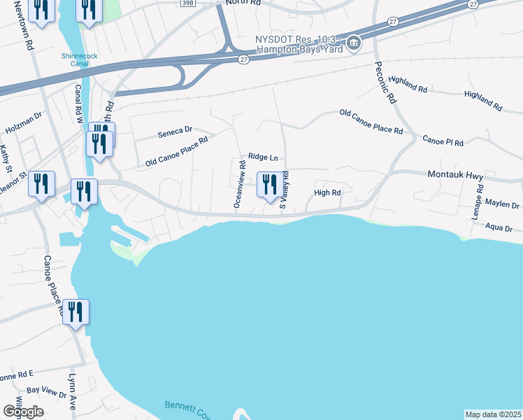map of restaurants, bars, coffee shops, grocery stores, and more near 293 East Montauk Highway in Hampton Bays