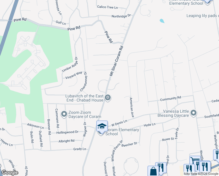 map of restaurants, bars, coffee shops, grocery stores, and more near 101 Mount Sinai-Coram Road in Coram