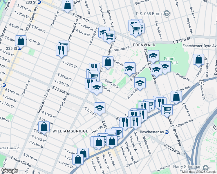 map of restaurants, bars, coffee shops, grocery stores, and more near 1181 226th Drive South in The Bronx