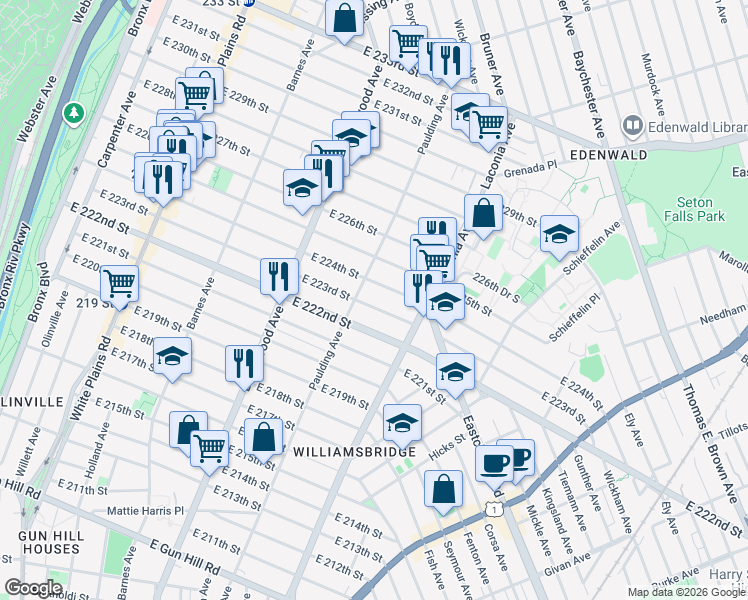 map of restaurants, bars, coffee shops, grocery stores, and more near 3942 Paulding Avenue in Bronx