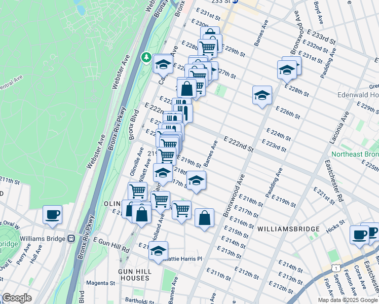 map of restaurants, bars, coffee shops, grocery stores, and more near 726 East 220th Street in Bronx