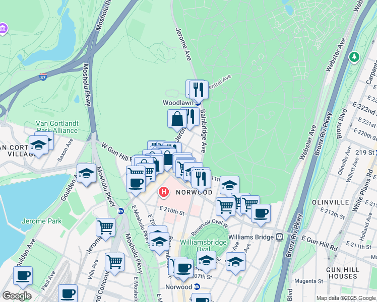 map of restaurants, bars, coffee shops, grocery stores, and more near 3563 Dekalb Avenue in The Bronx