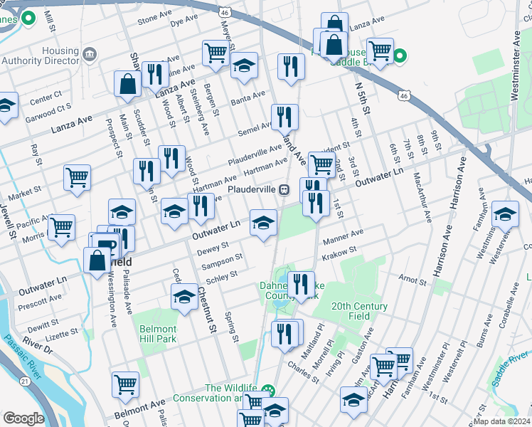 map of restaurants, bars, coffee shops, grocery stores, and more near 9 Harding Court in Garfield