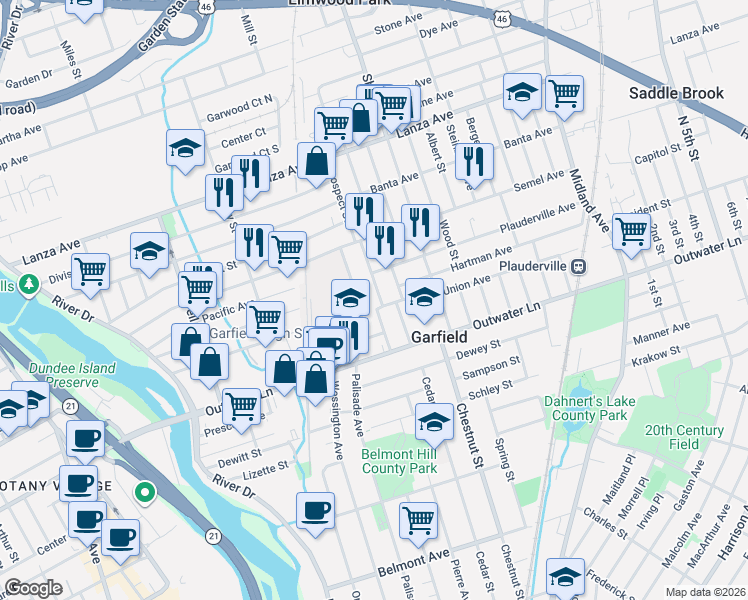 map of restaurants, bars, coffee shops, grocery stores, and more near 560 Palisade Avenue in Garfield