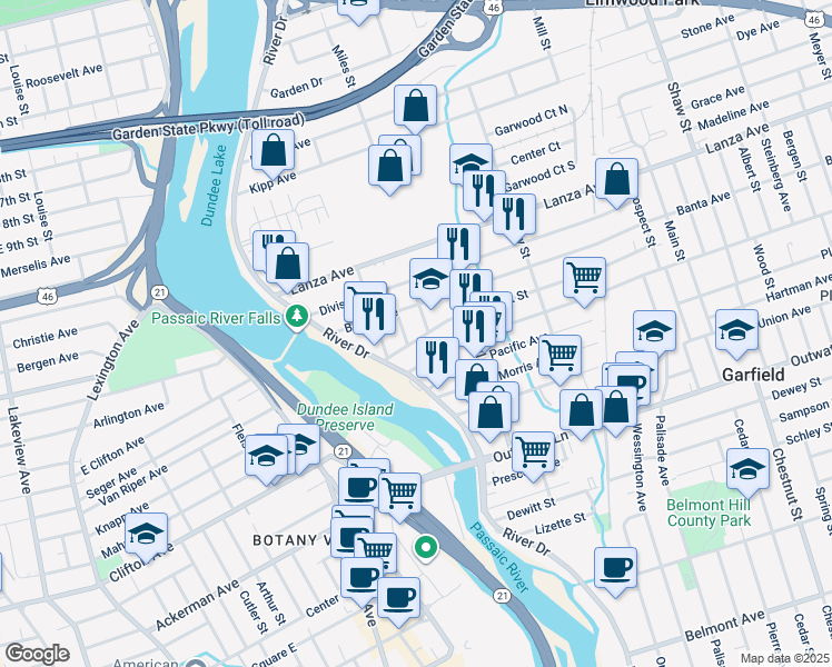 map of restaurants, bars, coffee shops, grocery stores, and more near 17 John Street in Garfield
