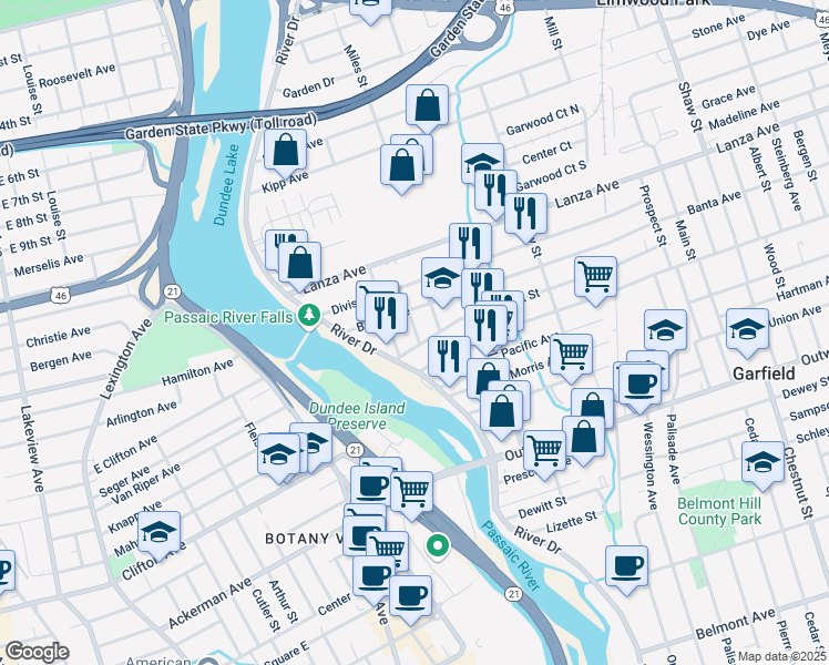 map of restaurants, bars, coffee shops, grocery stores, and more near 17 John Street in Garfield