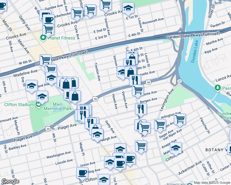 map of restaurants, bars, coffee shops, grocery stores, and more near 188 Trimble Avenue in Clifton