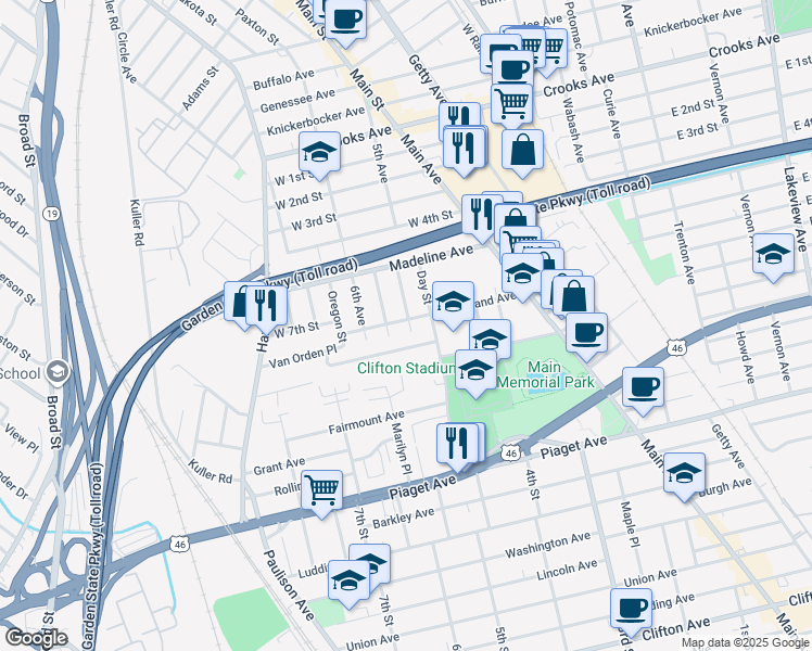 map of restaurants, bars, coffee shops, grocery stores, and more near 108 Vreeland Avenue in Clifton