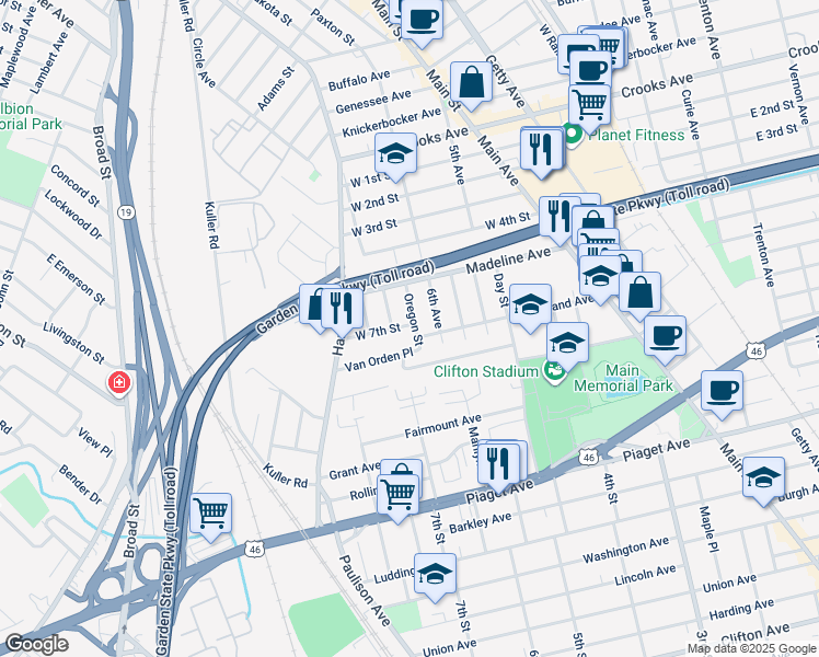 map of restaurants, bars, coffee shops, grocery stores, and more near 25 Oregon Street in Clifton