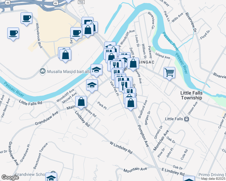map of restaurants, bars, coffee shops, grocery stores, and more near 33 Van Pelt Place in Little Falls