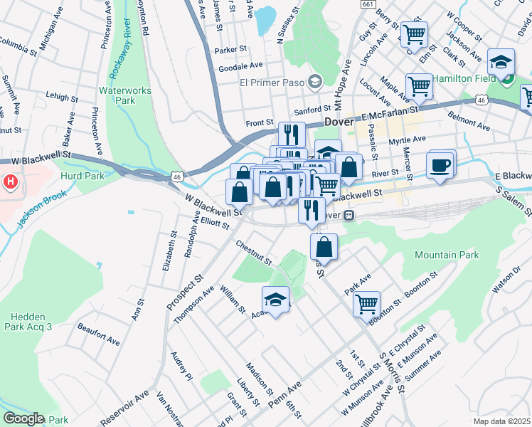 map of restaurants, bars, coffee shops, grocery stores, and more near 41 West Blackwell Street in Dover