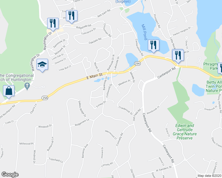 map of restaurants, bars, coffee shops, grocery stores, and more near 19 Cotswold Drive in Centerport