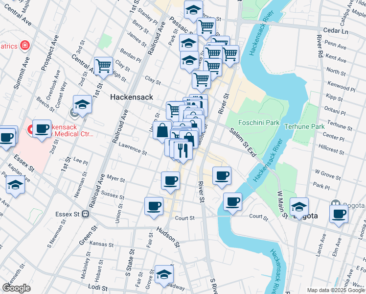 map of restaurants, bars, coffee shops, grocery stores, and more near 179D Main Street in Hackensack