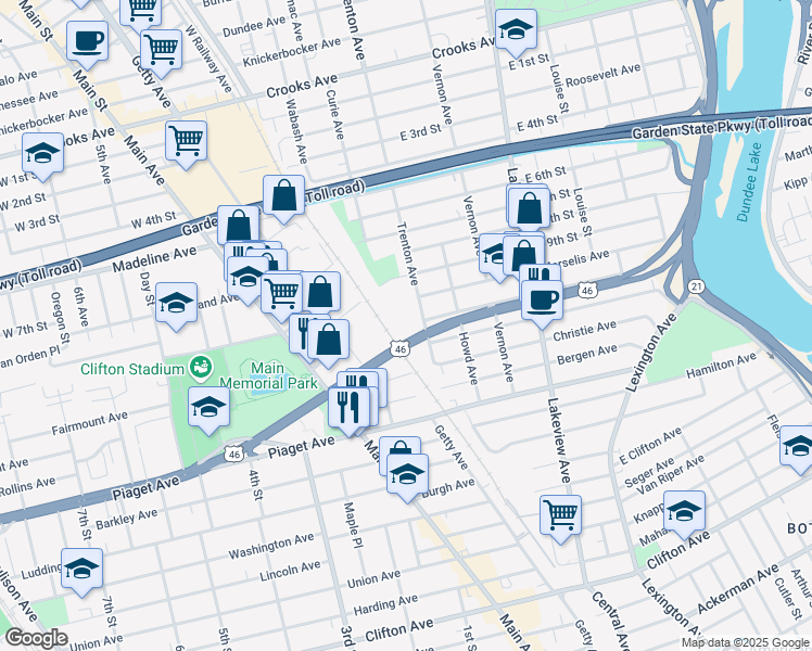 map of restaurants, bars, coffee shops, grocery stores, and more near 473 U.S. 46 in Clifton