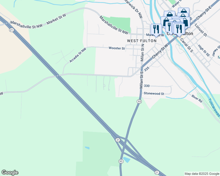 map of restaurants, bars, coffee shops, grocery stores, and more near 13776 Cherton Street Northwest in Canal Fulton