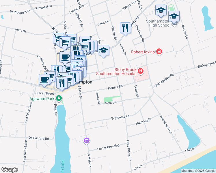 map of restaurants, bars, coffee shops, grocery stores, and more near 113 Herrick Road in Southampton