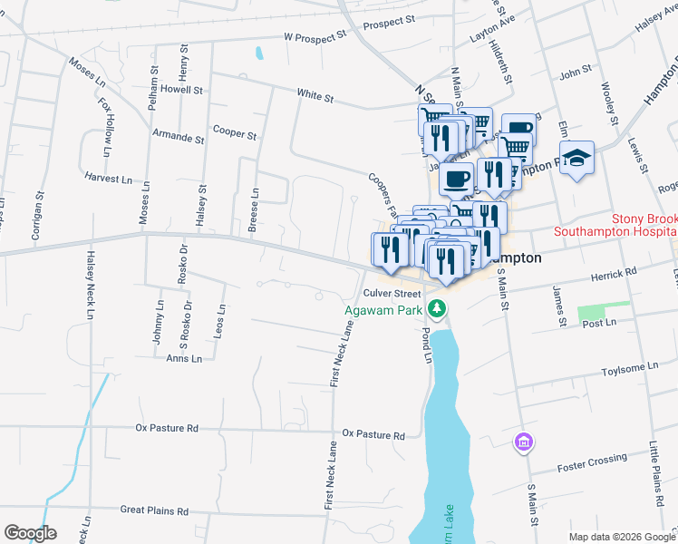 map of restaurants, bars, coffee shops, grocery stores, and more near 130 Hill Street in Southampton