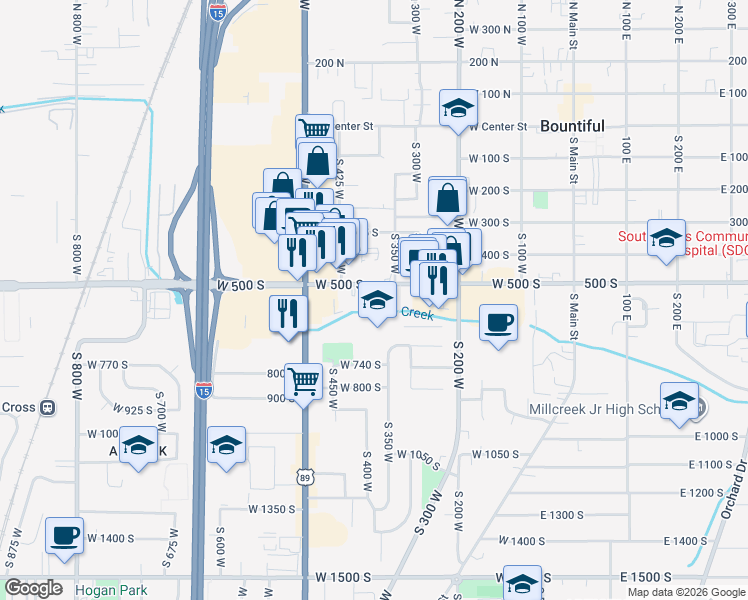 map of restaurants, bars, coffee shops, grocery stores, and more near 379 West 500 South in Bountiful