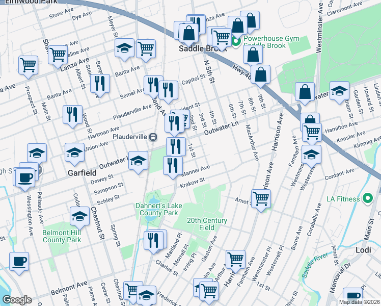 map of restaurants, bars, coffee shops, grocery stores, and more near 17 Bellport Place in Garfield