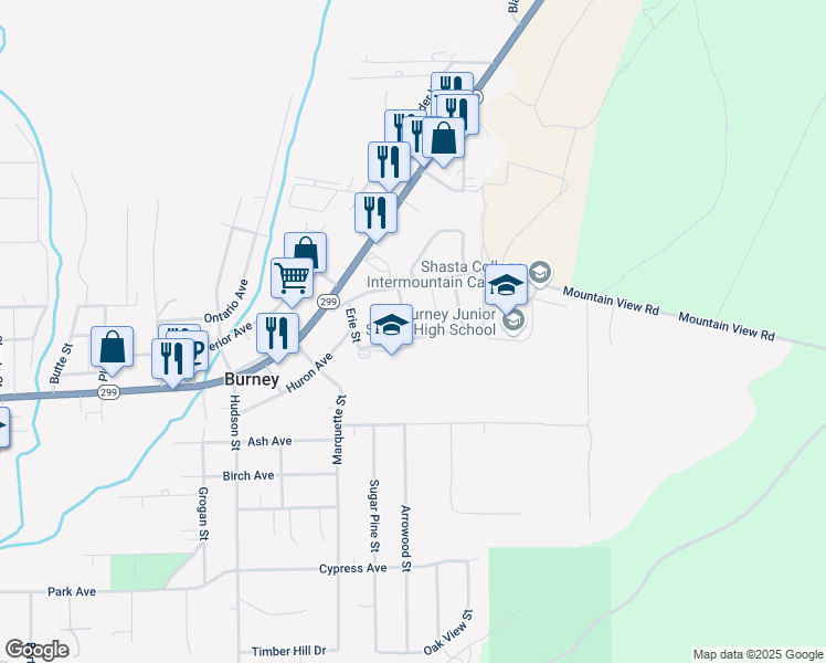 map of restaurants, bars, coffee shops, grocery stores, and more near 20471 Quebec Street in Burney