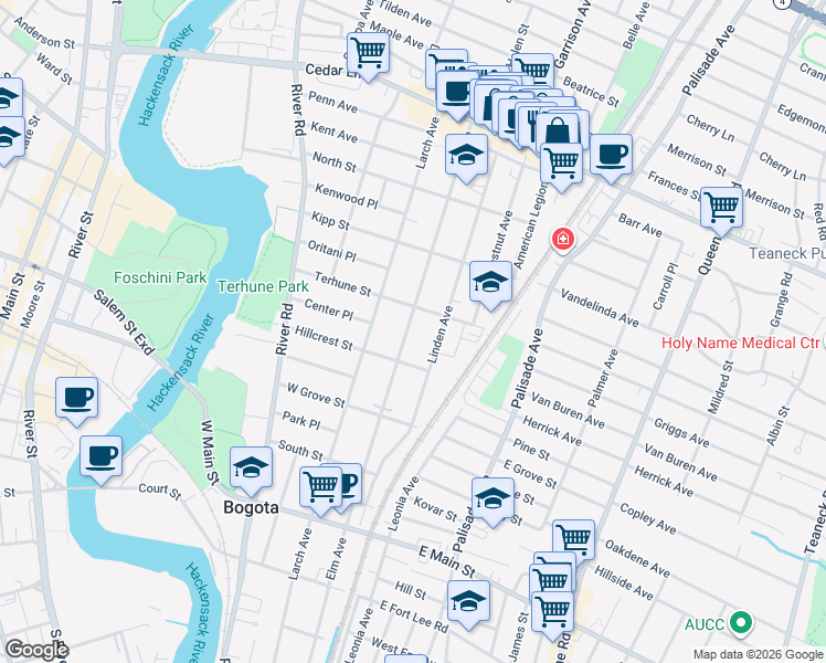map of restaurants, bars, coffee shops, grocery stores, and more near 217A Elm Avenue in Teaneck