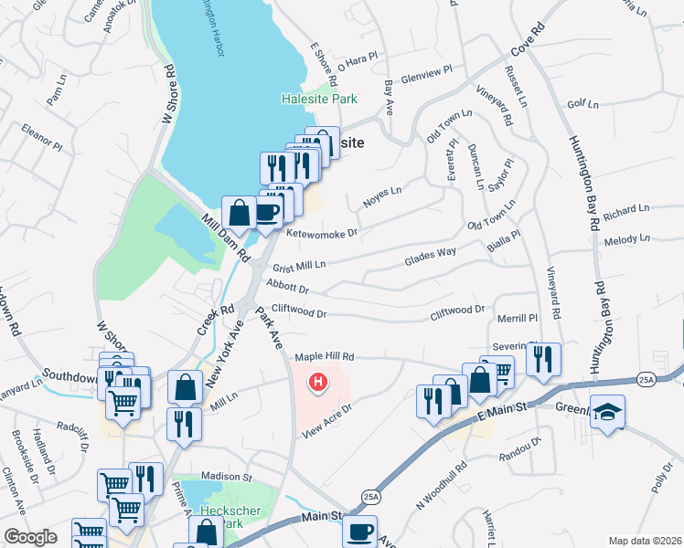 map of restaurants, bars, coffee shops, grocery stores, and more near 34 Gristmill Lane in Halesite