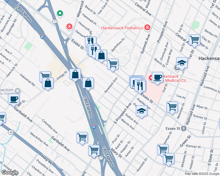map of restaurants, bars, coffee shops, grocery stores, and more near 48 Rowland Avenue in Hackensack