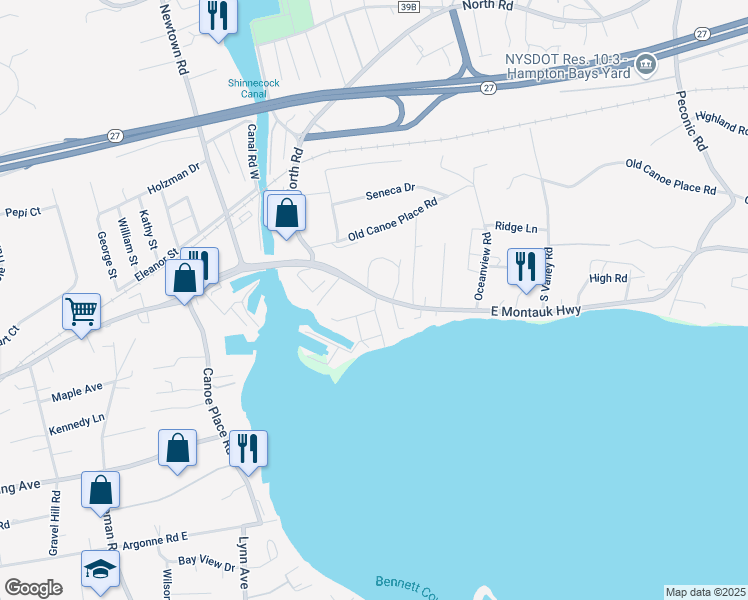 map of restaurants, bars, coffee shops, grocery stores, and more near 259 East Montauk Highway in Hampton Bays