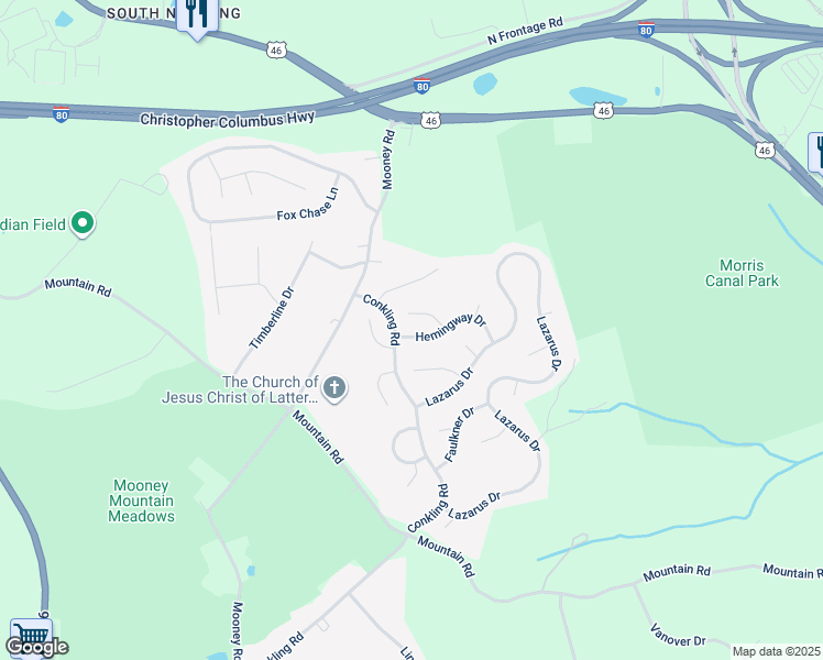 map of restaurants, bars, coffee shops, grocery stores, and more near 5 Bukiet Court in Roxbury Township